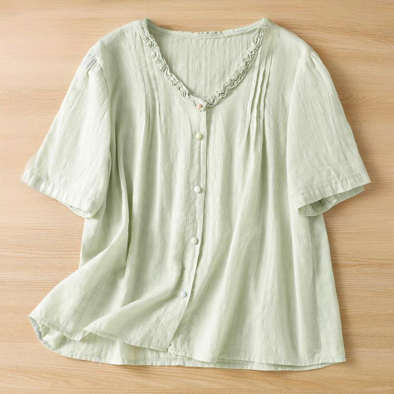 Buddha Stones Jacquard Pleated Ruffled Trim Design V-Neck Short Sleeve Women's Shirt - PaleGreen - US14，UK/AU18，EU46 (2XL) - image 1