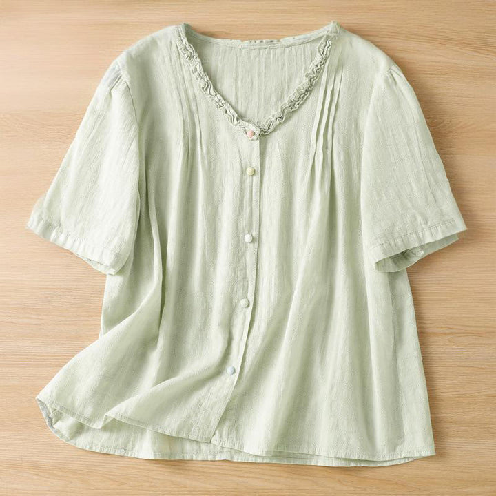 Buddha Stones Jacquard Pleated Ruffled Trim Design V-Neck Short Sleeve Women's Shirt - PaleGreen - US14，UK/AU18，EU46 (2XL) - image 1