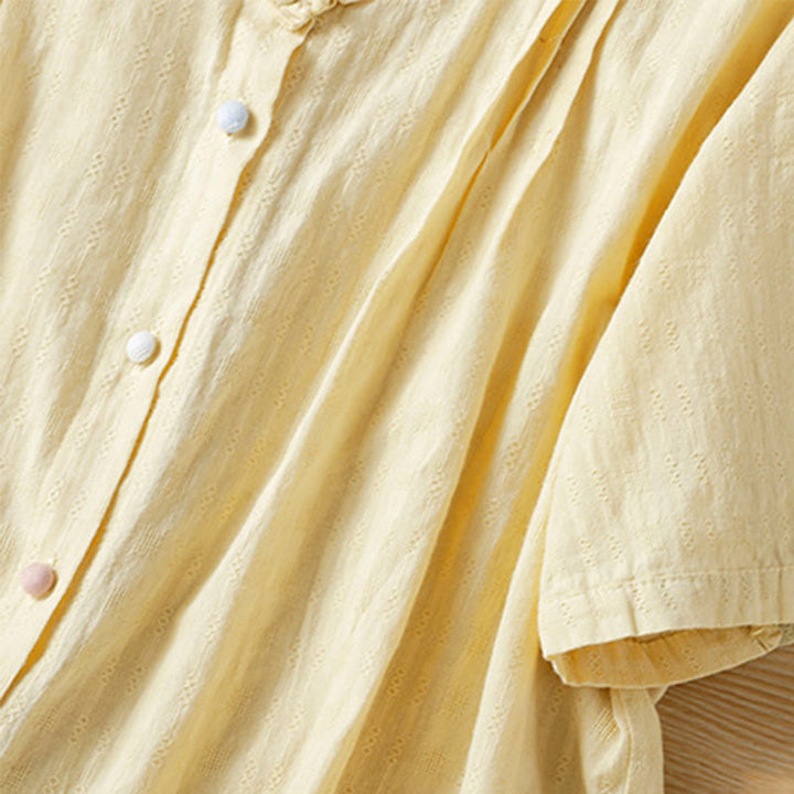 Buddha Stones Jacquard Pleated Ruffled Trim Design V-Neck Short Sleeve Women's Shirt - image 12