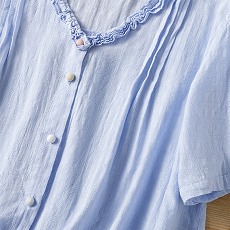 Buddha Stones Jacquard Pleated Ruffled Trim Design V-Neck Short Sleeve Women's Shirt - image 8