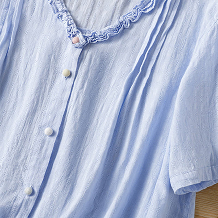 Buddha Stones Jacquard Pleated Ruffled Trim Design V-Neck Short Sleeve Women's Shirt - image 8