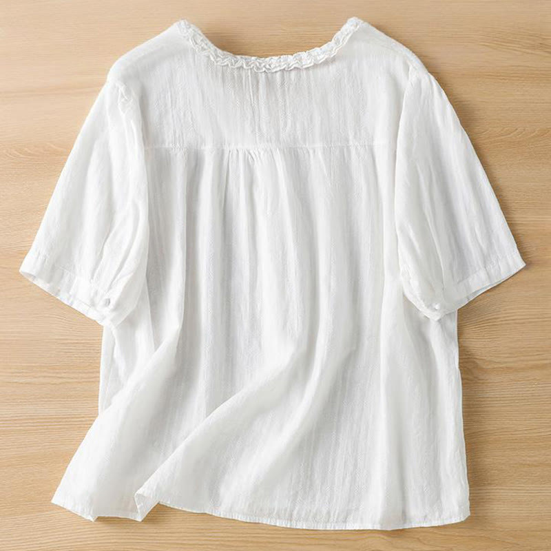 Buddha Stones Jacquard Pleated Ruffled Trim Design V-Neck Short Sleeve Women's Shirt - image 15