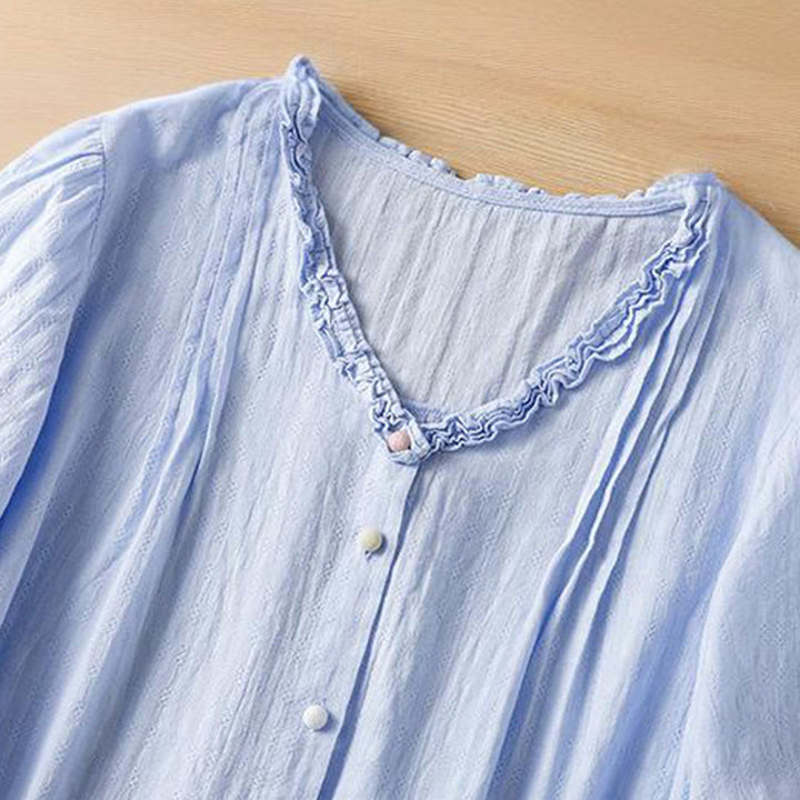 Buddha Stones Jacquard Pleated Ruffled Trim Design V-Neck Short Sleeve Women's Shirt - image 7