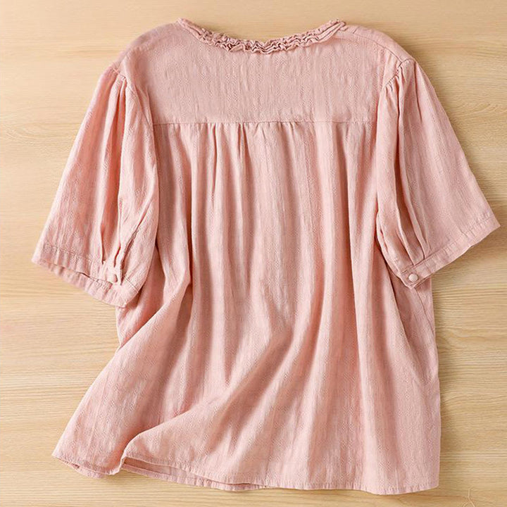 Buddha Stones Jacquard Pleated Ruffled Trim Design V-Neck Short Sleeve Women's Shirt - image 20