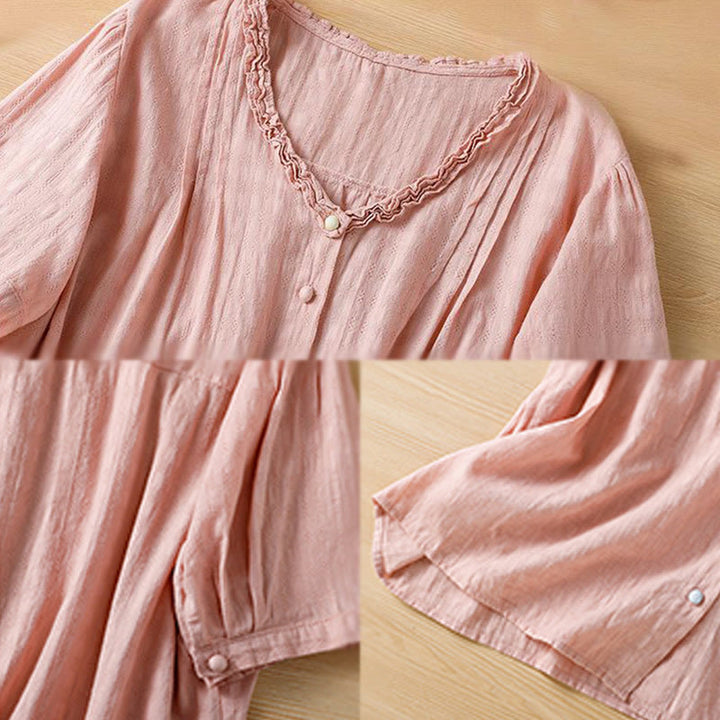 Buddha Stones Jacquard Pleated Ruffled Trim Design V-Neck Short Sleeve Women's Shirt - image 23