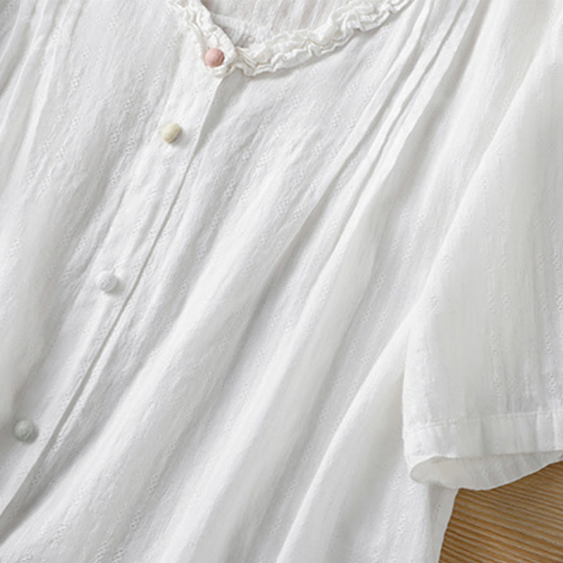Buddha Stones Jacquard Pleated Ruffled Trim Design V-Neck Short Sleeve Women's Shirt - image 17