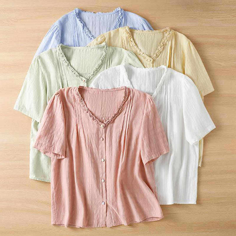 Buddha Stones Jacquard Pleated Ruffled Trim Design V-Neck Short Sleeve Women's Shirt - image 24