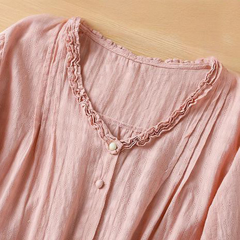 Buddha Stones Jacquard Pleated Ruffled Trim Design V-Neck Short Sleeve Women's Shirt - image 21
