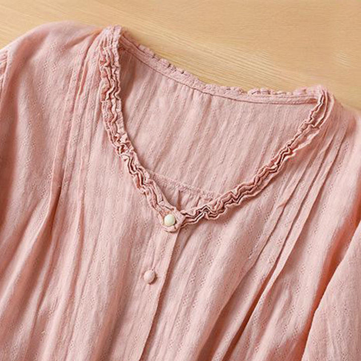 Buddha Stones Jacquard Pleated Ruffled Trim Design V-Neck Short Sleeve Women's Shirt - image 21