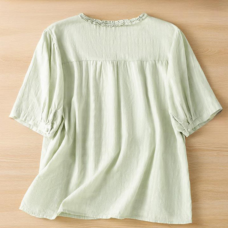 Buddha Stones Jacquard Pleated Ruffled Trim Design V-Neck Short Sleeve Women's Shirt - image 2