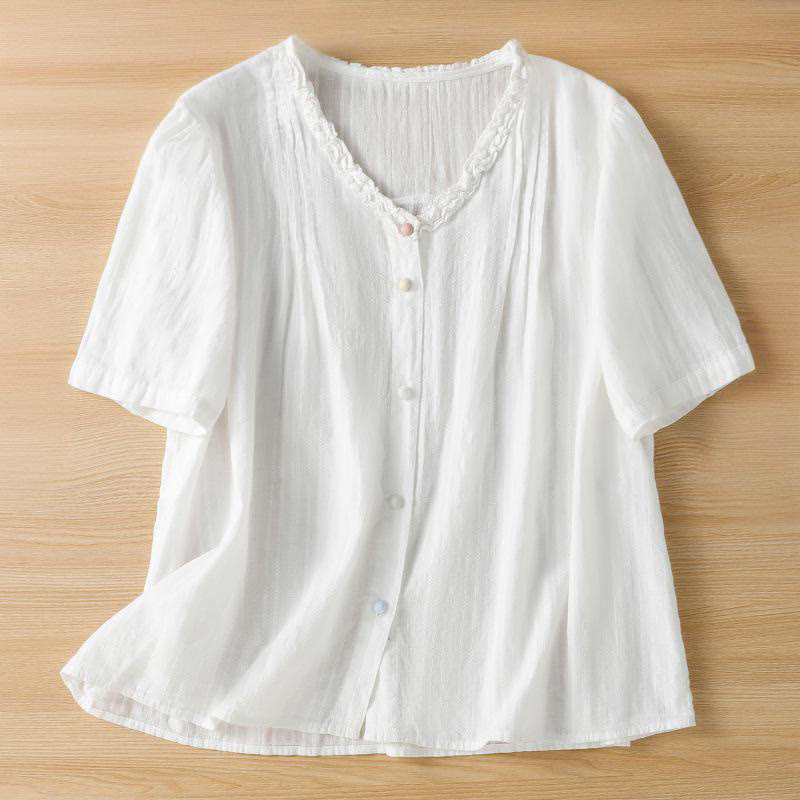Buddha Stones Jacquard Pleated Ruffled Trim Design V-Neck Short Sleeve Women's Shirt - White - US14，UK/AU18，EU46 (2XL) - image 14