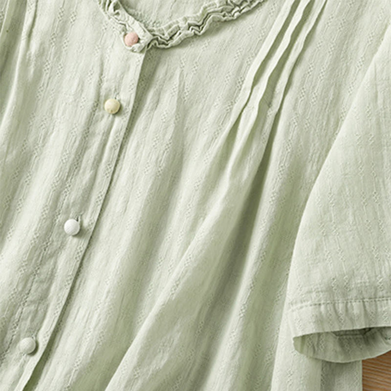 Buddha Stones Jacquard Pleated Ruffled Trim Design V-Neck Short Sleeve Women's Shirt - image 4