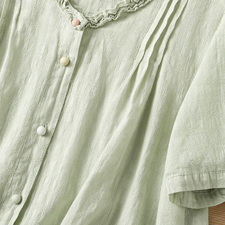 Buddha Stones Jacquard Pleated Ruffled Trim Design V-Neck Short Sleeve Women's Shirt - image 4