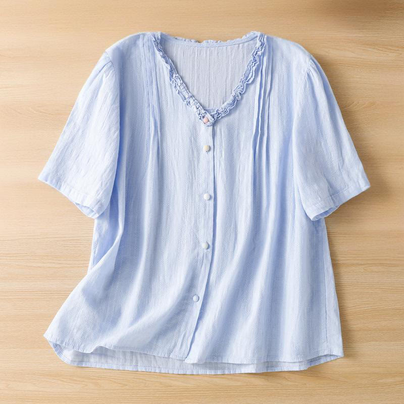 Buddha Stones Jacquard Pleated Ruffled Trim Design V-Neck Short Sleeve Women's Shirt - CornflowerBlue - US14，UK/AU18，EU46 (2XL) - image 5