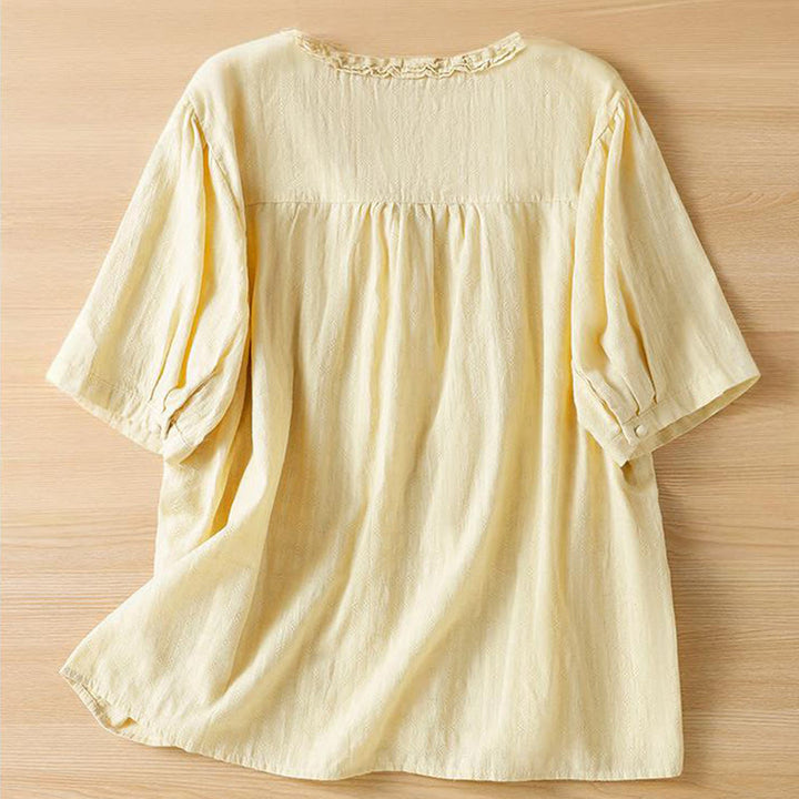 Buddha Stones Jacquard Pleated Ruffled Trim Design V-Neck Short Sleeve Women's Shirt - image 10