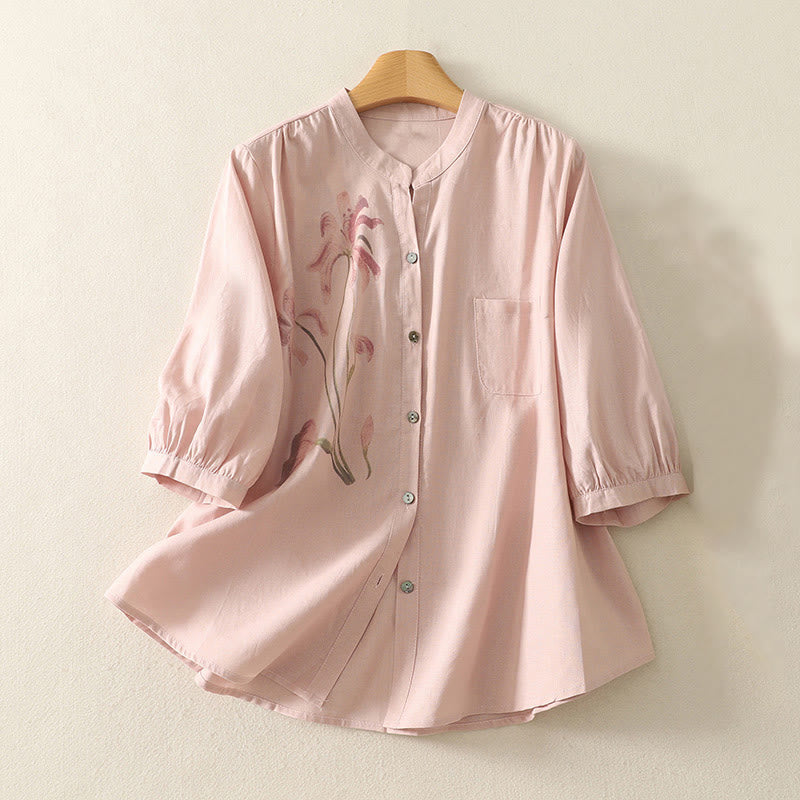 Buddha Stones Daily Printing Lily Pattern Half Puff Sleeve Women's Cotton Linen Shirt - LightPink - US12，UK/AU16，EU44 (2XL) - image 1