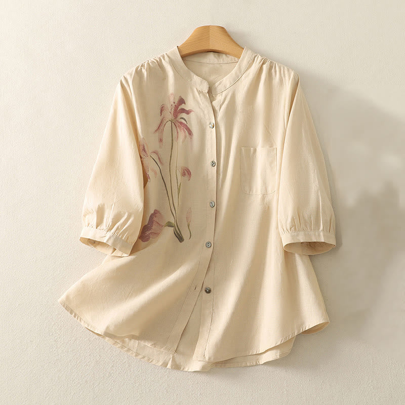Buddha Stones Daily Printing Lily Pattern Half Puff Sleeve Women's Cotton Linen Shirt - Moccasin - US12，UK/AU16，EU44 (2XL) - image 12