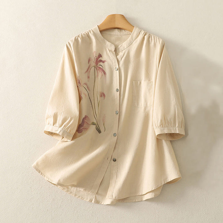 Buddha Stones Daily Printing Lily Pattern Half Puff Sleeve Women's Cotton Linen Shirt - Moccasin - US12，UK/AU16，EU44 (2XL) - image 12