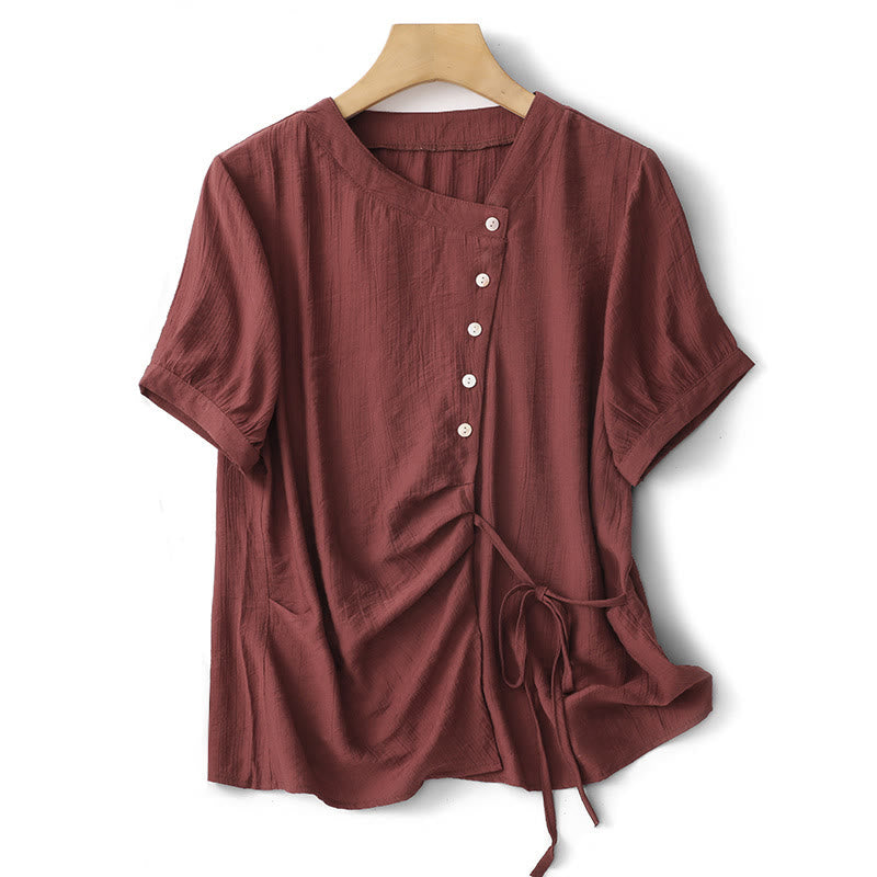 Buddha Stones Plain Asymmetrical Lace-Up Design Puff Short Sleeve Women's Cotton Shirt - FireBrick - US8-10，UK/AU12-14，EU40-42 (2XL) - image 18