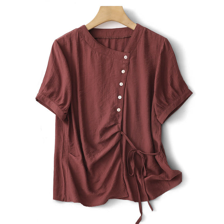 Buddha Stones Plain Asymmetrical Lace-Up Design Puff Short Sleeve Women's Cotton Shirt - FireBrick - US8-10，UK/AU12-14，EU40-42 (2XL) - image 18