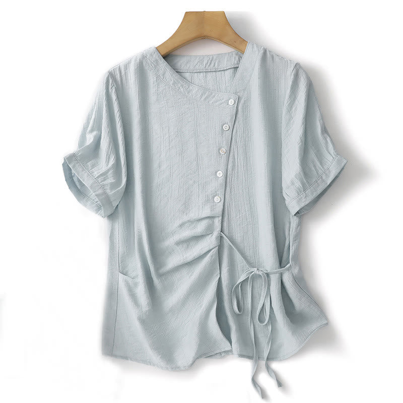 Buddha Stones Plain Asymmetrical Lace-Up Design Puff Short Sleeve Women's Cotton Shirt - PowderBlue - US8-10，UK/AU12-14，EU40-42 (2XL) - image 1