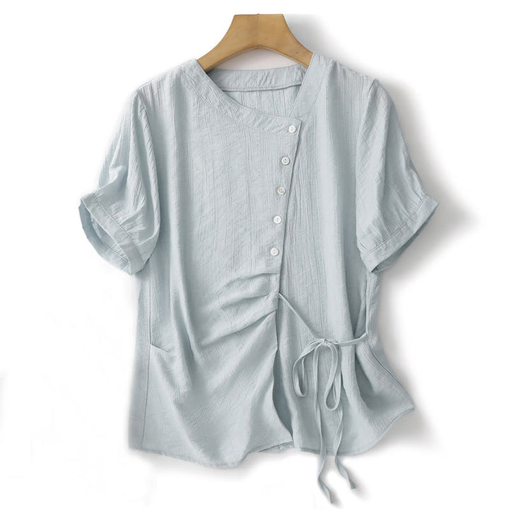 Buddha Stones Plain Asymmetrical Lace-Up Design Puff Short Sleeve Women's Cotton Shirt - PowderBlue - US8-10，UK/AU12-14，EU40-42 (2XL) - image 1