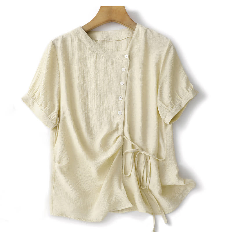 Buddha Stones Plain Asymmetrical Lace-Up Design Puff Short Sleeve Women's Cotton Shirt - LightGoldenrodYellow - US8-10，UK/AU12-14，EU40-42 (2XL) - image 8