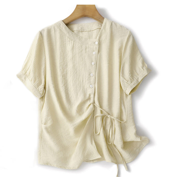 Buddha Stones Plain Asymmetrical Lace-Up Design Puff Short Sleeve Women's Cotton Shirt - LightGoldenrodYellow - US8-10，UK/AU12-14，EU40-42 (2XL) - image 8