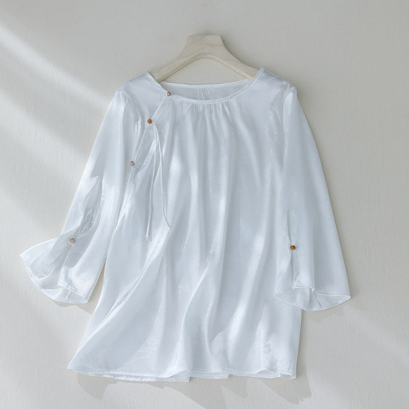 Buddha Stones Summer Solid Color Jacquard Flower Slit Design Three Quarter Sleeve Women's Shirt - White - US8-10，UK/AU12-14，EU40-42 (2XL) - image 9