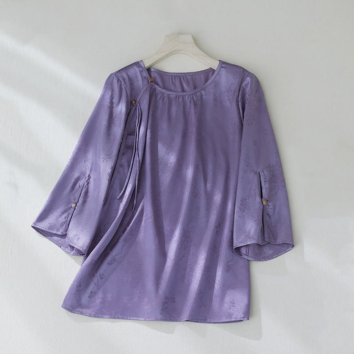 Buddha Stones Summer Solid Color Jacquard Flower Slit Design Three Quarter Sleeve Women's Shirt - BlueViolet - US8-10，UK/AU12-14，EU40-42 (2XL) - image 1