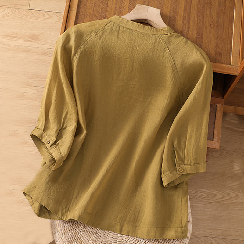 Buddha Stones Daily Three Quarter Sleeve Cotton Linen Women's Shirt With Pockets - image 11
