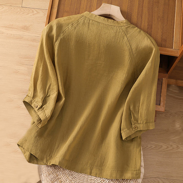 Buddha Stones Daily Three Quarter Sleeve Cotton Linen Women's Shirt With Pockets - image 11