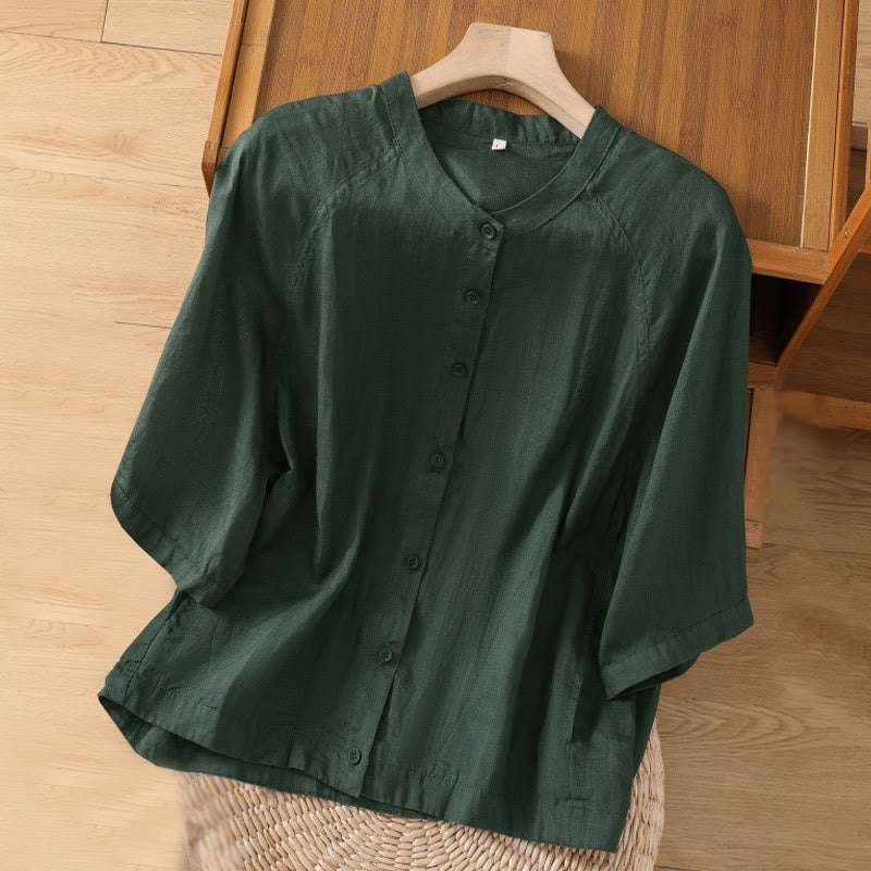 Buddha Stones Daily Three Quarter Sleeve Cotton Linen Women's Shirt With Pockets - DarkGreen - US14，UK/AU18，EU46 (2XL) - image 20