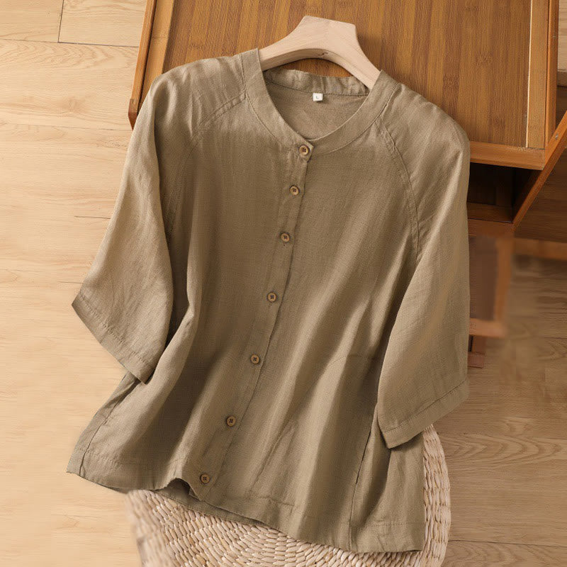 Buddha Stones Daily Three Quarter Sleeve Cotton Linen Women's Shirt With Pockets - Tan - US14，UK/AU18，EU46 (2XL) - image 1