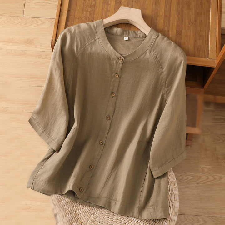 Buddha Stones Daily Three Quarter Sleeve Cotton Linen Women's Shirt With Pockets - Tan - US14，UK/AU18，EU46 (2XL) - image 1