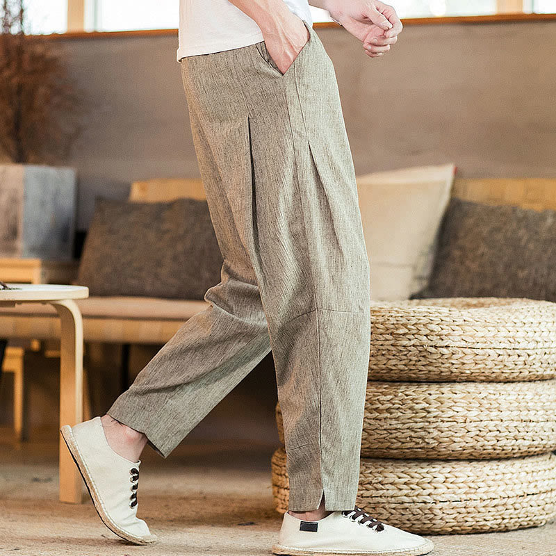 Buddha Stones Solid Color Linen Drawstring Tapered Men's Pants With Pockets - image 2