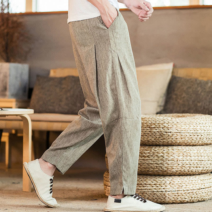 Buddha Stones Solid Color Linen Drawstring Tapered Men's Pants With Pockets - image 2