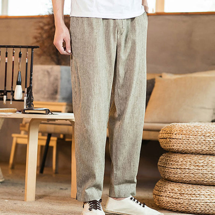 Buddha Stones Solid Color Linen Drawstring Tapered Men's Pants With Pockets - image 6
