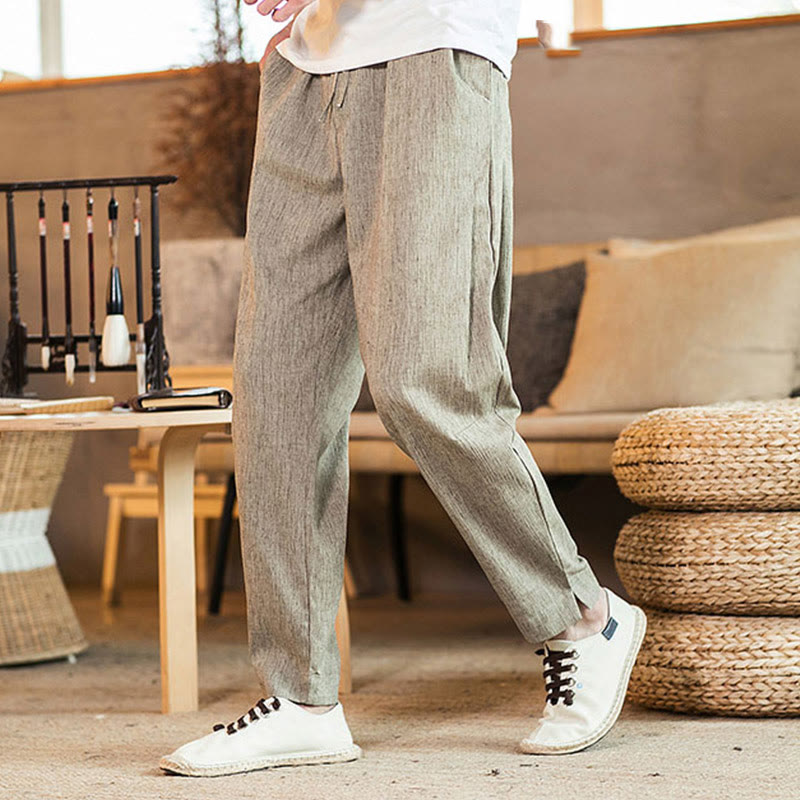 Buddha Stones Solid Color Linen Drawstring Tapered Men's Pants With Pockets - Tan - US/UK/AU46，EU56 (5XL) - image 1