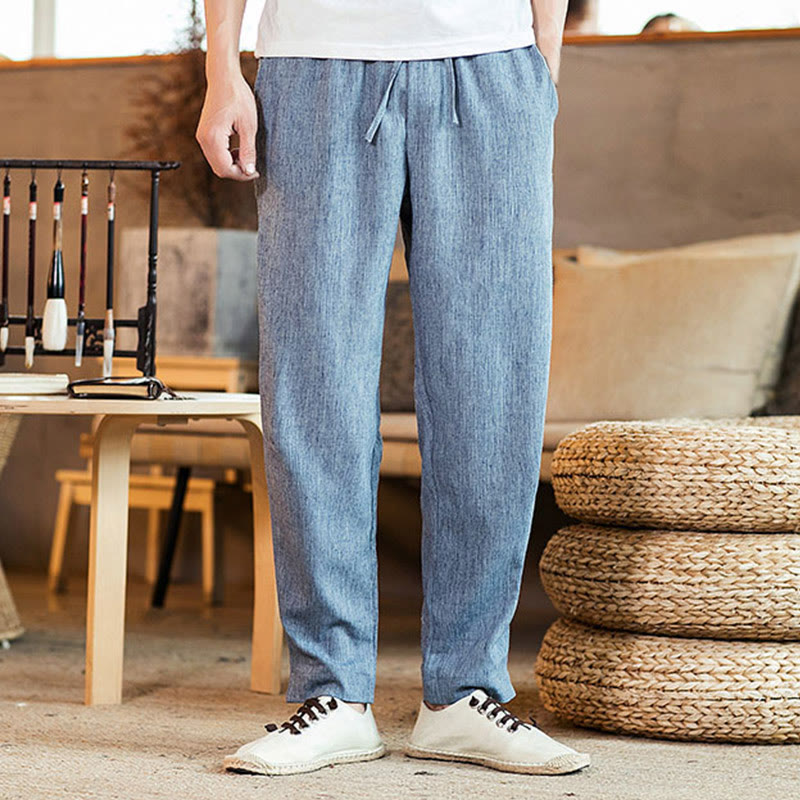 Buddha Stones Solid Color Linen Drawstring Tapered Men's Pants With Pockets - LightSteelBlue - US/UK/AU46，EU56 (5XL) - image 27