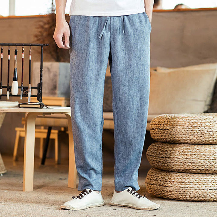 Buddha Stones Solid Color Linen Drawstring Tapered Men's Pants With Pockets - LightSteelBlue - US/UK/AU46，EU56 (5XL) - image 27