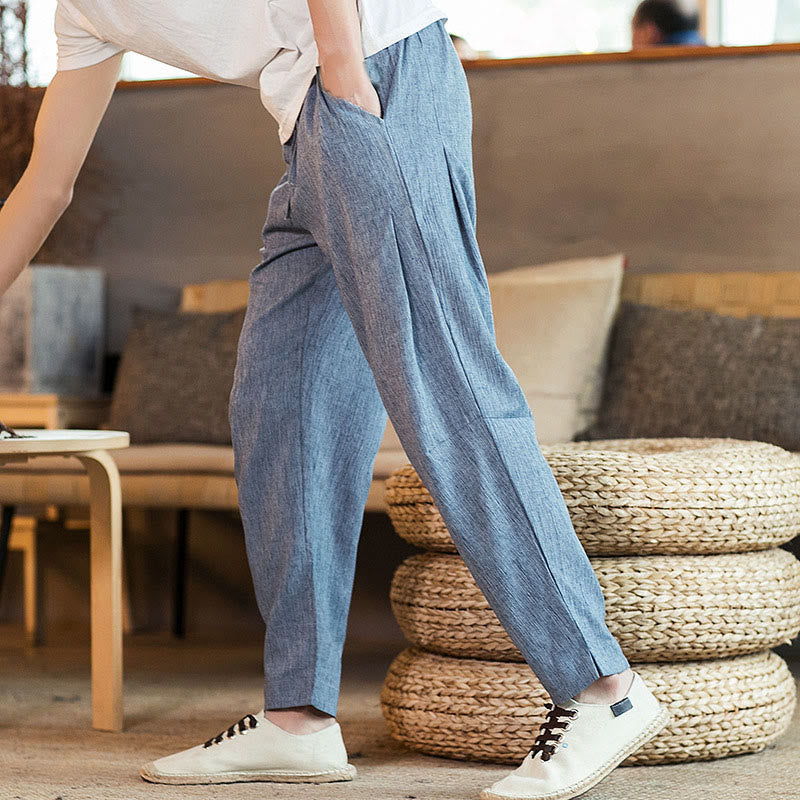 Buddha Stones Solid Color Linen Drawstring Tapered Men's Pants With Pockets - image 31