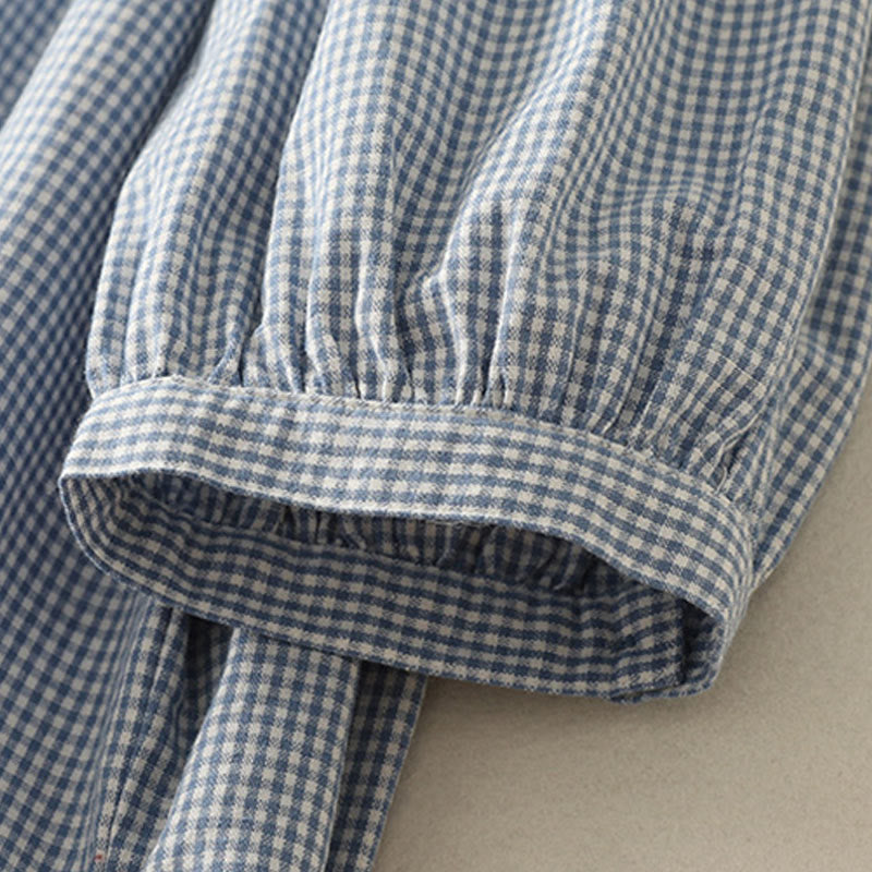 Buddha Stones Spring Plaid Ruffled Crew Neck Design Three Quarter Sleeve Cotton Women's Shirt - image 4