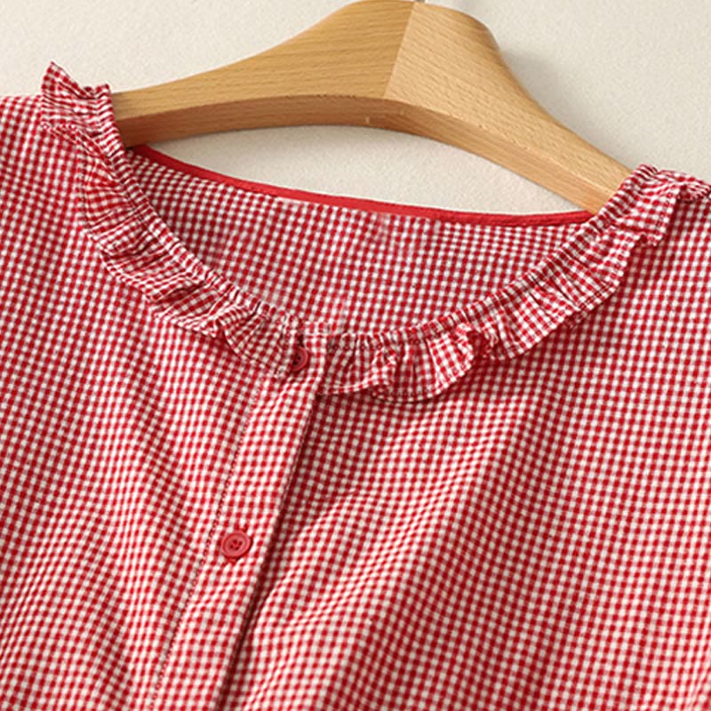 Buddha Stones Spring Plaid Ruffled Crew Neck Design Three Quarter Sleeve Cotton Women's Shirt - image 8