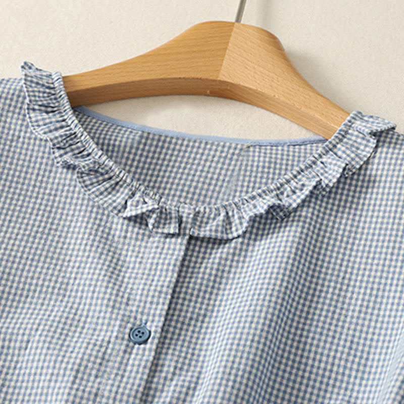 Buddha Stones Spring Plaid Ruffled Crew Neck Design Three Quarter Sleeve Cotton Women's Shirt - image 2