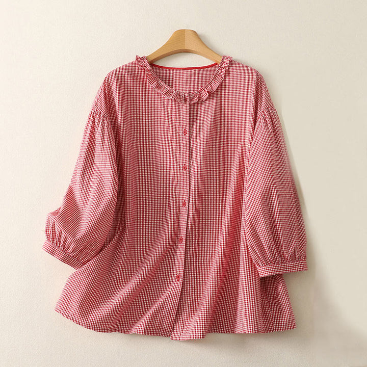 Buddha Stones Spring Plaid Ruffled Crew Neck Design Three Quarter Sleeve Cotton Women's Shirt - OrangeRed - US14，UK/AU18，EU46 (2XL) - image 6