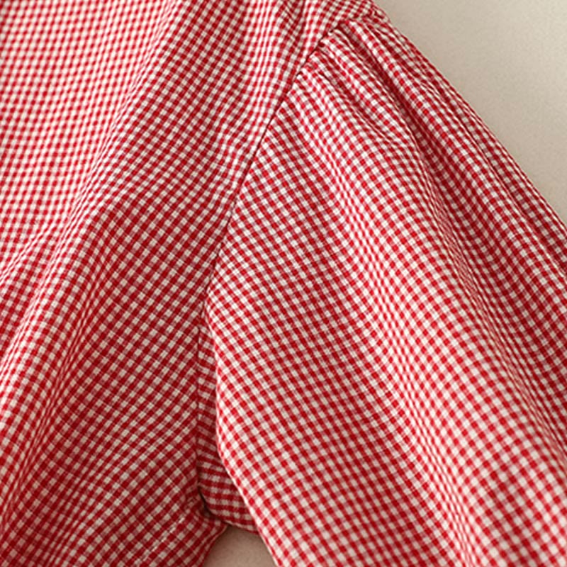 Buddha Stones Spring Plaid Ruffled Crew Neck Design Three Quarter Sleeve Cotton Women's Shirt - image 10