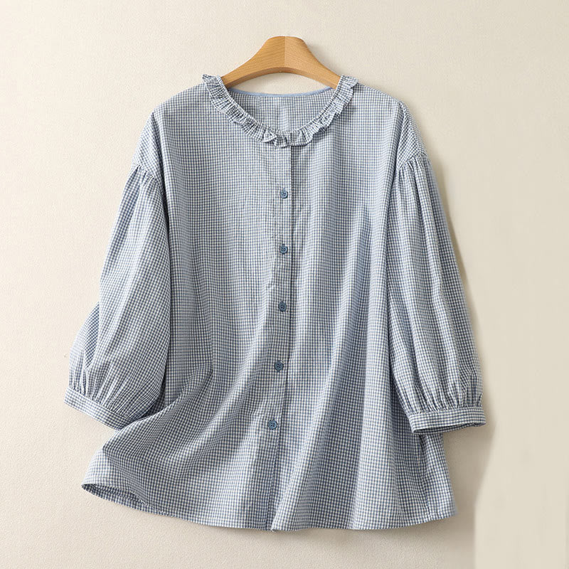Buddha Stones Spring Plaid Ruffled Crew Neck Design Three Quarter Sleeve Cotton Women's Shirt - LightBlue - US14，UK/AU18，EU46 (2XL) - image 1