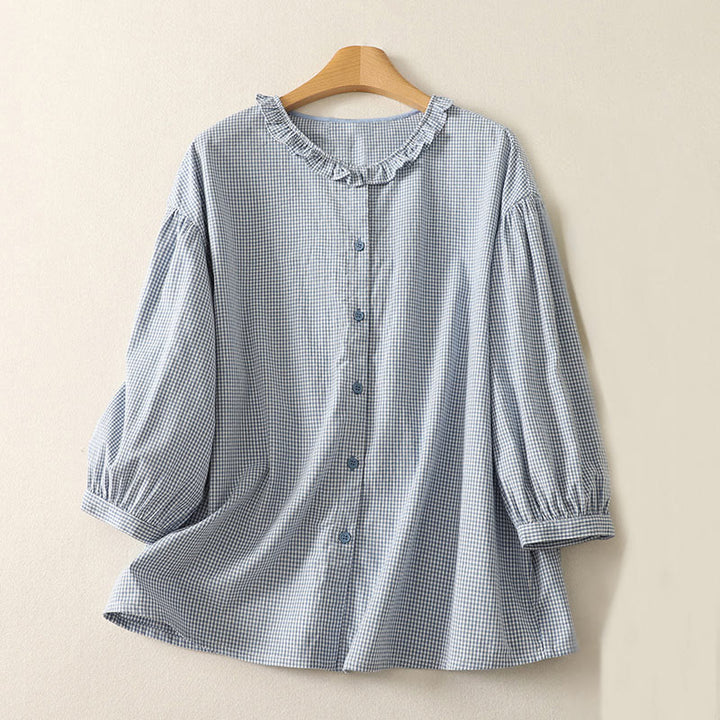 Buddha Stones Spring Plaid Ruffled Crew Neck Design Three Quarter Sleeve Cotton Women's Shirt - LightBlue - US14，UK/AU18，EU46 (2XL) - image 1