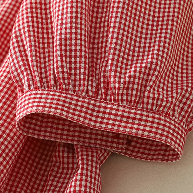 Buddha Stones Spring Plaid Ruffled Crew Neck Design Three Quarter Sleeve Cotton Women's Shirt - image 13